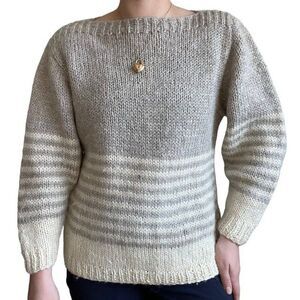 Vintage Hand Knit 100% Wool Brown White Striped Winter Boat Neck Sweater Sz M